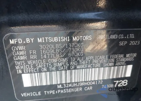 2024 Mitsubishi Mirage Le из США, поврежденный, VIN ML32AUHJ9RH004172